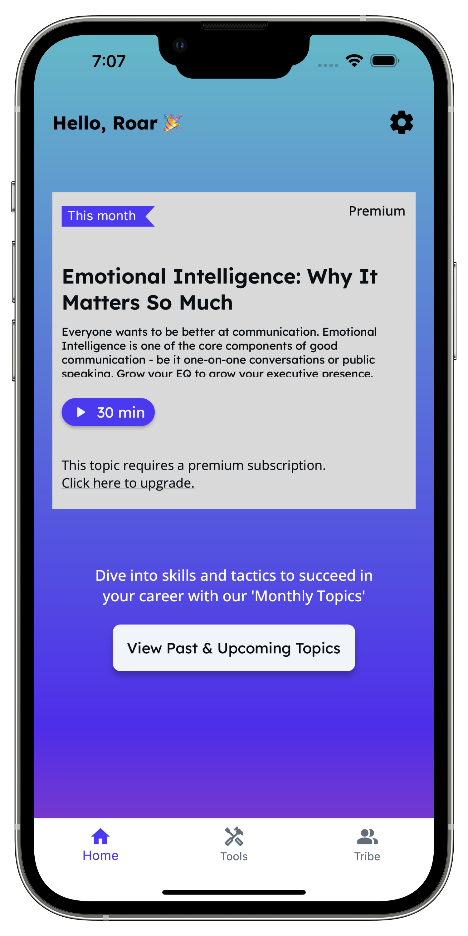 phone image showing the home screen of the roar app, which shows monthly content on emotional intelligence